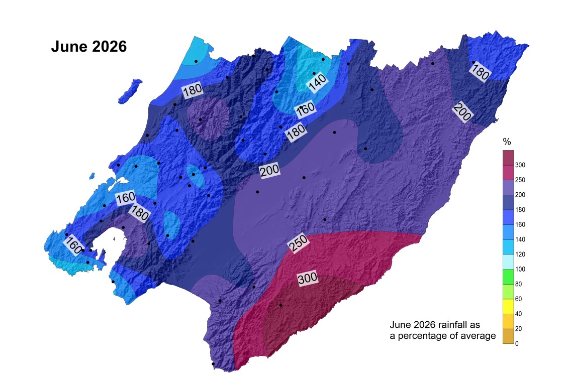 A heatmap of the Wellington region's rainfall: June 2026 rainfall anomalies show that parts of the south-eastern Wairarapa received over three times the long-term monthly average rainfall. 