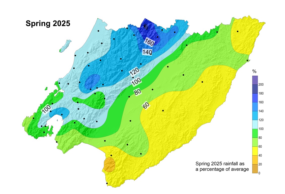 A heatmap of the Wellington Region showing the 90 day rainfall anomaly as a percentage, as at 1 December 2025. The Tararuas are the wettest, the West of the region is slightly wetter than normal, and the East of the region is drier than normal.
