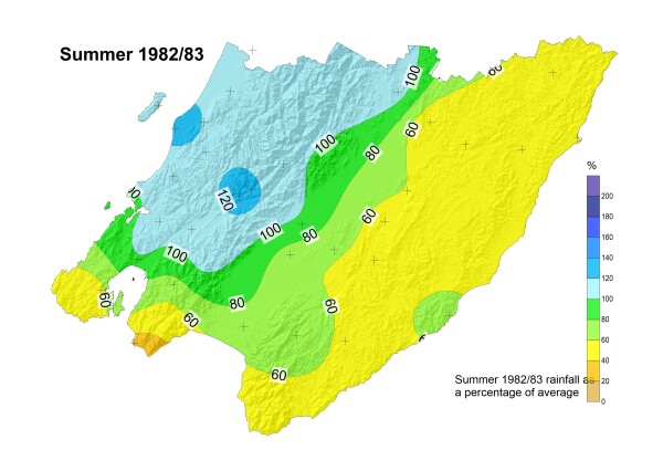 Heatmap of rainfall in the Wellington region from the strong El Niño in 1982/83. Rainfall is above average over the Tararua ranges and around Kāpiti, with below average rainfall in the Wairarapa, south of Wellington city and Baring Head.