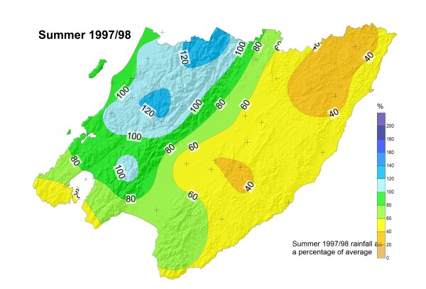 Heatmap of rainfall in the Wellington region from the strong El Niño in 1997/98. Rainfall is above average over the Tararua ranges and around Kāpiti, with below average rainfall in the Wairarapa, south of Wellington city and Baring Head.