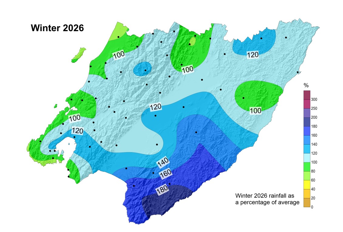 Heatmap of rainfall in the Wellington region in Winter 2026, showing that parts of the south-eastern Wairarapa received nearly twice the long-term monthly average rainfall