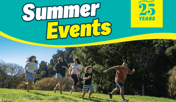 A family runs through a park on a sunny day, under a banner that reads "Summer Events - celebrating 25 years"