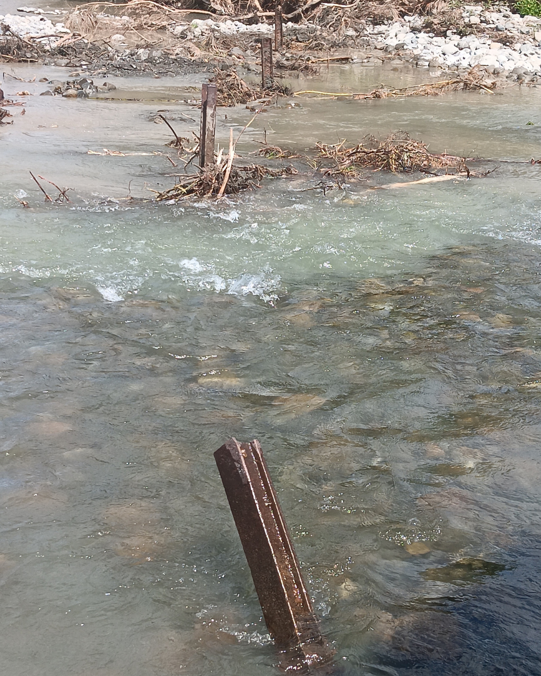 Four rail irons sticking up out of the water, across the width of a river