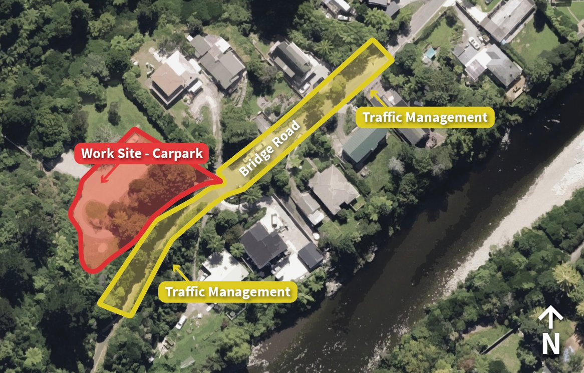 Map showing that Bridge Road Carpark is closed and that Bridge Road next to it will have traffic management in place