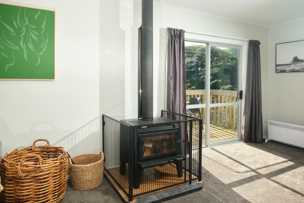 A different view of the lounge, showing a wood fire and a balcony with a beautiful view of the park