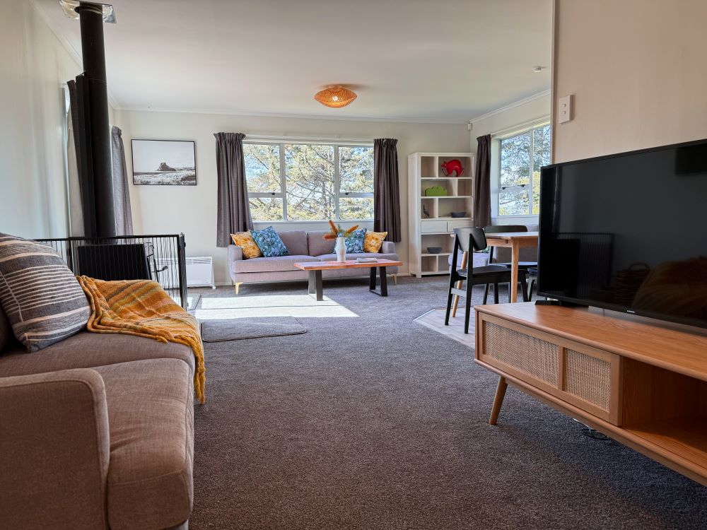 The lounge in Boulder Field House, a pleasant room with two couches and a TV, and windows showing the trees and blue sky outside