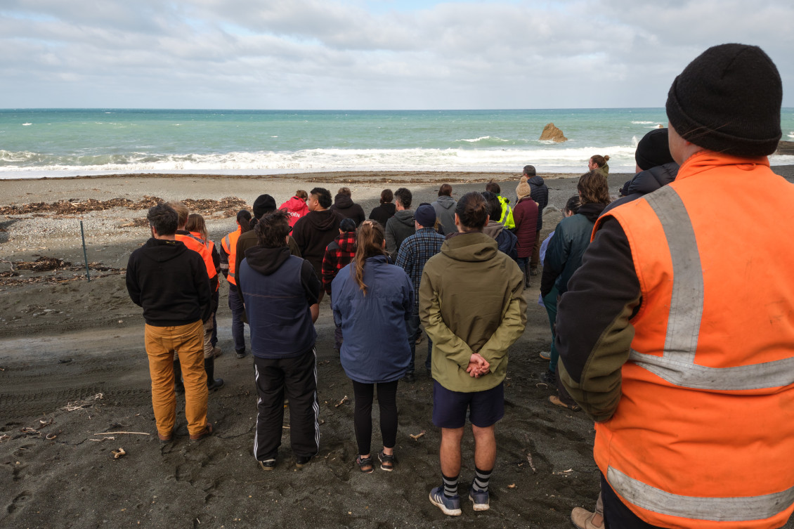 A group of people stand facing the shore