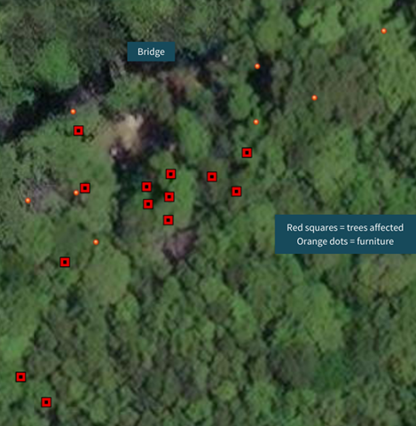 Map showing the locations of the affected trees and the park furniture