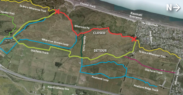 Map indicating partial closure, Whareroa Pā on the Te Ara o Whareroa cycle trail. Detour indicated on Old Farm Track