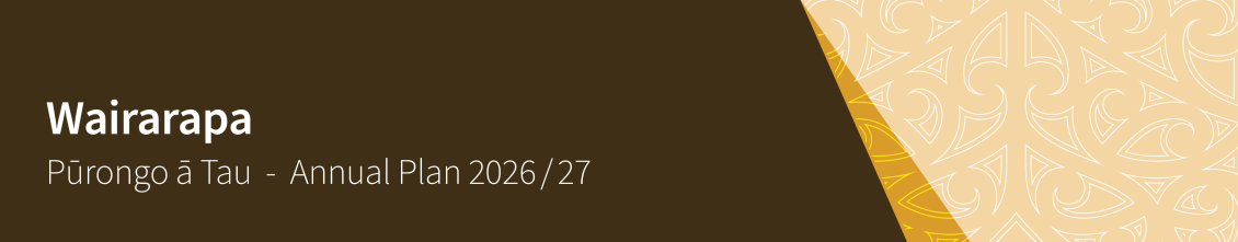 Brown colour block and tohu (Māori design) banner reading "Wairarapa Pūrongo ā Tau - Annual Plan 2026/27"