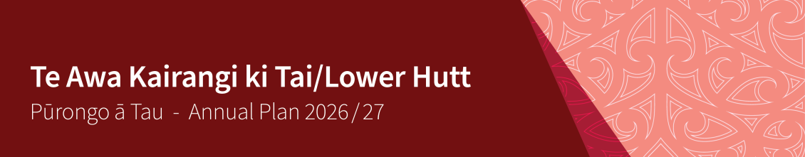 Burgundy colour block and tohu (Māori design) banner reading "Te Awa Kairangi ki Tai/Lower Hutt Pūrongo ā Tau - Annual Plan 2026/27"