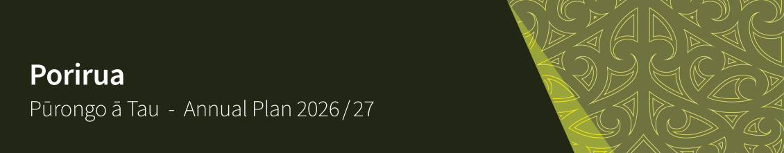 Green colour block and tohu (Māori design) banner reading "Porirua Pūrongo ā Tau - Annual Plan 2026/27"