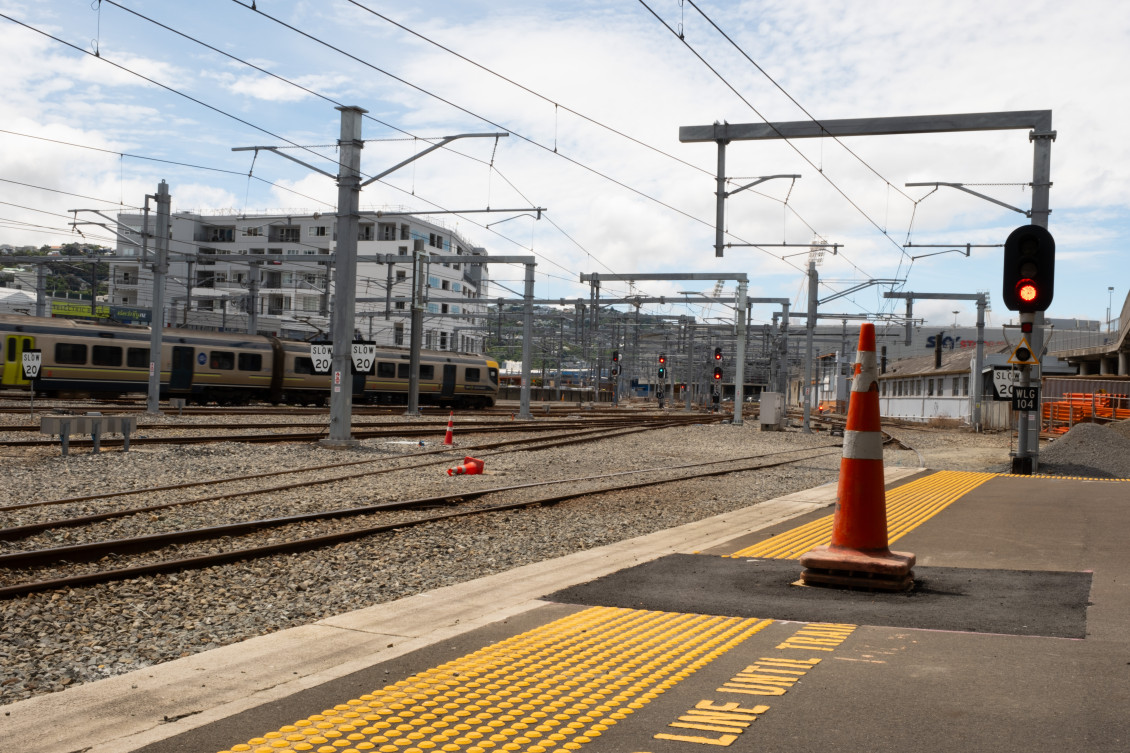 Orange cones stand on a platform at Wellington Station