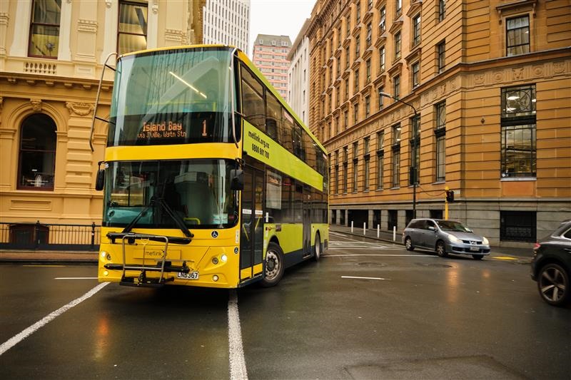 A route 1 bus bound for Island Bay driving through central Wellington